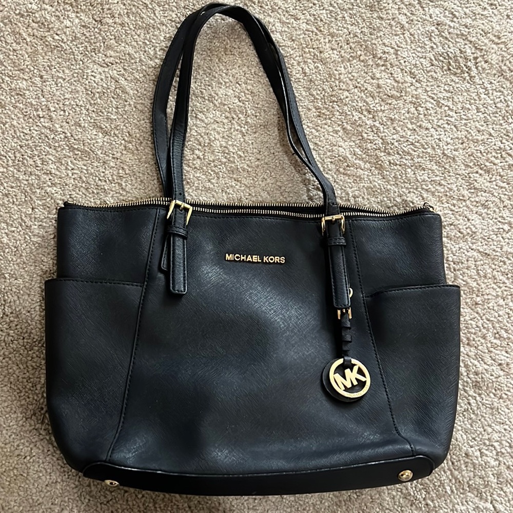 Black leather Michael Kors tote purse